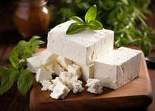 Feta Cheese 168开奖官方开奖结果查询 幸运8官网开奖官方结果 直播历史记录查询 chunks garnished with basil leaves on a wooden board, with a red sauce jar in the background