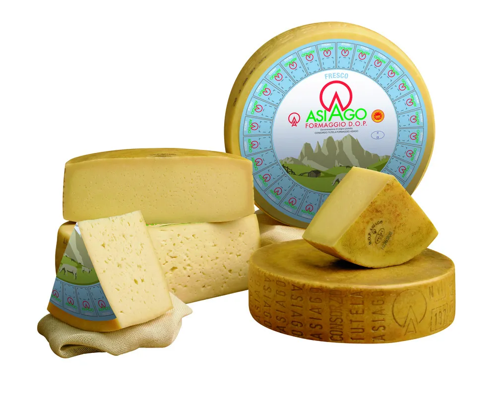 A Formaggio Asiago DOP cheese wheel, with half and quarter slices displaying its yellow interior