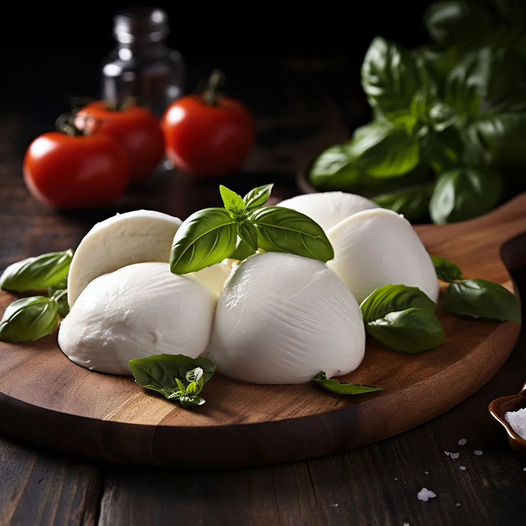 Mozzarella cheese balls topped with mint leaves, arranged next to cherry tomatoes on a circular wooden plate