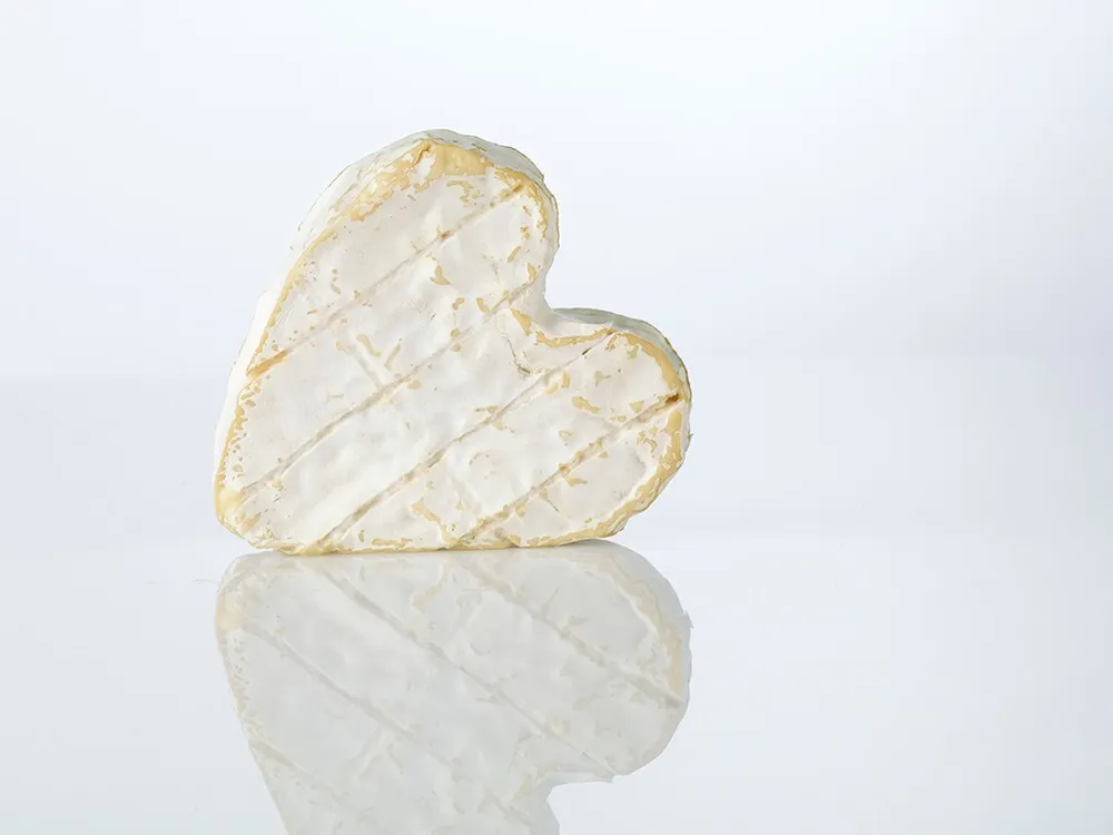 A heart-shaped French Neufchâtel cheese standing upright on a white tabletop.
