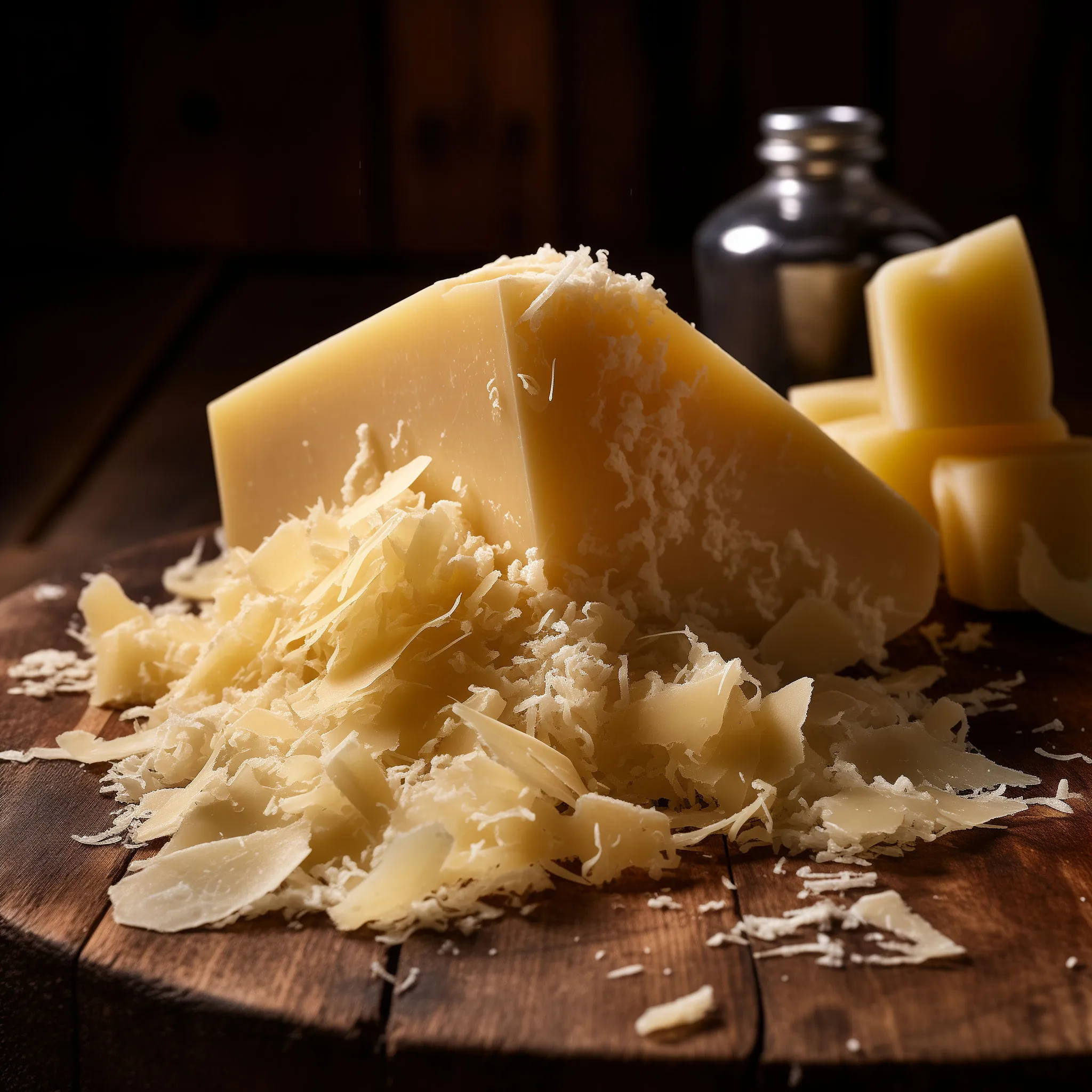 A large piece of Parmesan cheese, accompanied by small chunks and flakes, arranged on a wooden surface